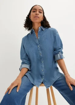 bonprix Blusen & Tuniken|Nachhaltigere Materialien|Oversize Stretch-Jeansbluse blau denim