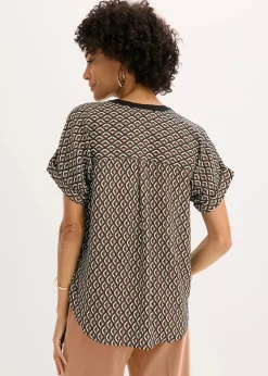 bonprix Bekleidung·Jacken & Mäntel|Blusen & Tuniken|Oversize-Bluse mokkabraun/schwarz graphisch bedruckt