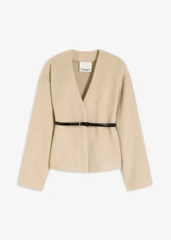 bonprix Blazer|Bekleidung·Basics|Oversized Blazer mit Gürtel in Wolloptik, ungefüttert mattschilf