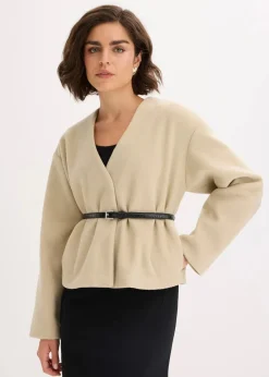 bonprix Blazer|Bekleidung·Basics|Oversized Blazer mit Gürtel in Wolloptik, ungefüttert mattschilf