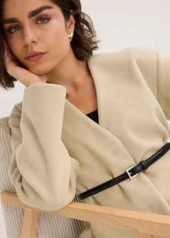 bonprix Blazer|Bekleidung·Basics|Oversized Blazer mit Gürtel in Wolloptik, ungefüttert mattschilf