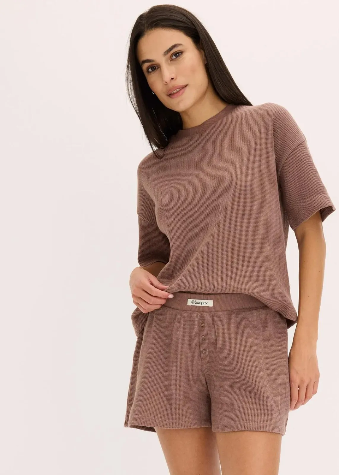 bonprix Wäsche·Homewear|Wäsche·Nachtwäsche|Oversized Loungewear Shorty Hausanzug aus Waffeljersey matt braun