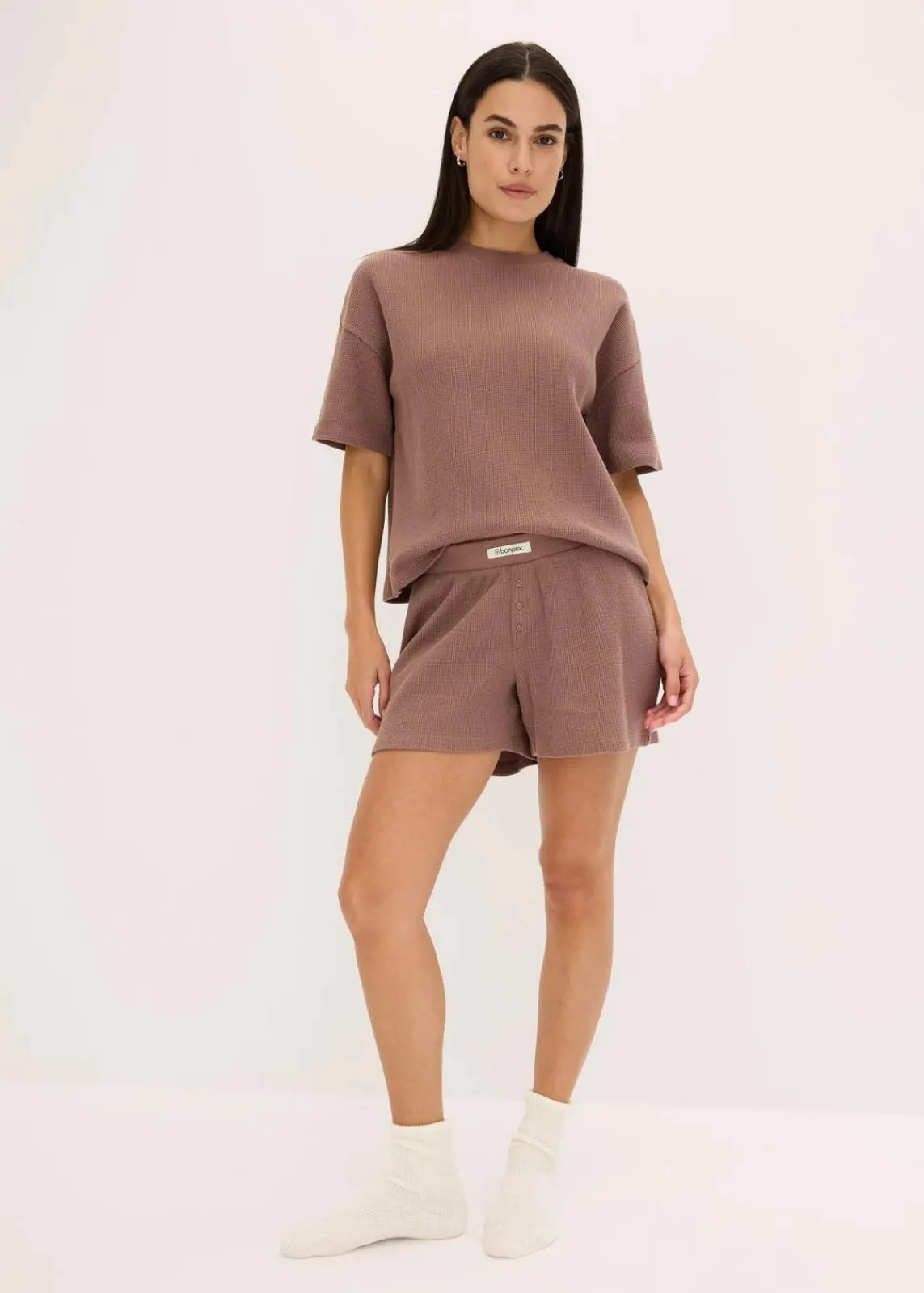 bonprix Wäsche·Homewear|Wäsche·Nachtwäsche|Oversized Loungewear Shorty Hausanzug aus Waffeljersey matt braun