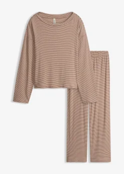 bonprix Wäsche·Nachtwäsche|Nachtwäsche|Oversized Pyjama aus weicher Baumwolle maronenbraun/sandbeige gestreift