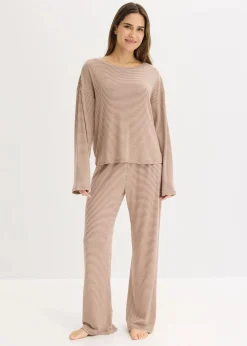 bonprix Wäsche·Nachtwäsche|Nachtwäsche|Oversized Pyjama aus weicher Baumwolle maronenbraun/sandbeige gestreift