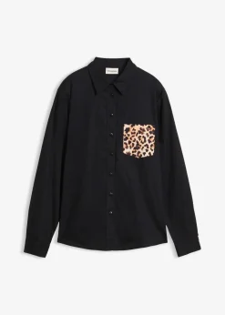 bonprix Blusen & Tuniken|Bekleidung·Jacken & Mäntel|Oversize-Hemd mit Kontrast Tasche schwarz leo bedruckt