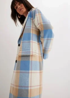 bonprix Bekleidung·Hosen|Jacken & Mäntel|Oversize-Mantel n Wolloptik brilliantblau/wollweiß/latte macchiato/rosenholz kariert