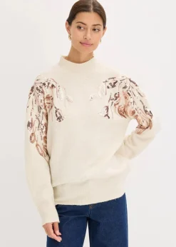 bonprix Bekleidung·Umstandsmode|Bekleidung·Jeans|Oversize-Pullover mit Pailletten creme/gold