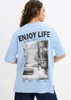 bonprix Shirts & Tops|Nachhaltigere Materialien|Oversize-Shirt aus reiner Bio-Baumwolle hellblau bedruckt