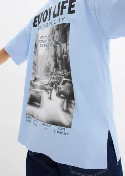 bonprix Shirts & Tops|Nachhaltigere Materialien|Oversize-Shirt aus reiner Bio-Baumwolle hellblau bedruckt