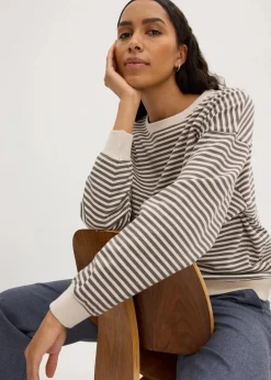 bonprix Basics|Sweat|Oversize-Sweatshirt rauchgrau/wollweiß gestreift