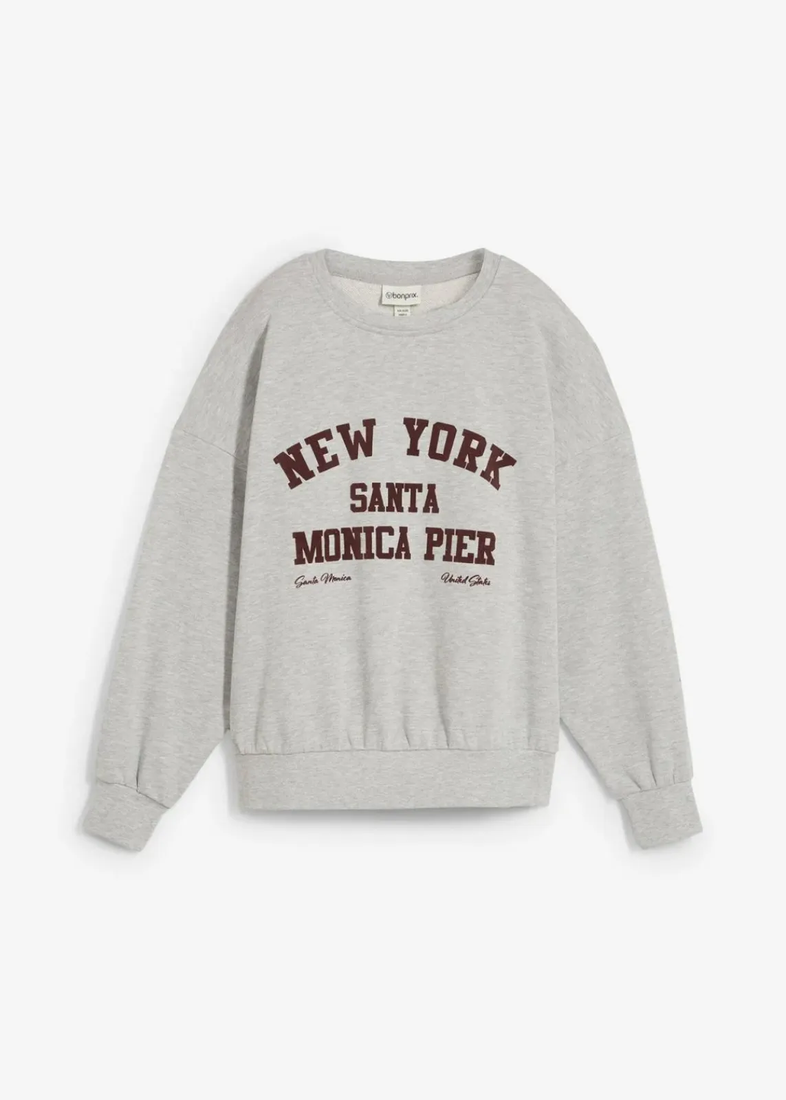 bonprix Nachhaltigere Materialien|Sweat|Oversize-Sweatshirt hellgrau meliert/weinrot bedruckt