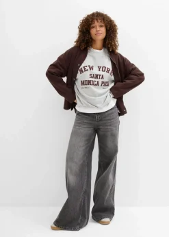 bonprix Nachhaltigere Materialien|Sweat|Oversize-Sweatshirt hellgrau meliert/weinrot bedruckt