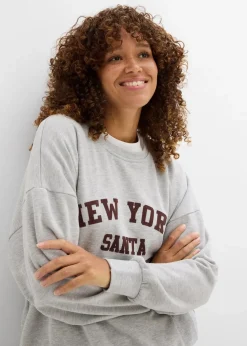 bonprix Nachhaltigere Materialien|Sweat|Oversize-Sweatshirt hellgrau meliert/weinrot bedruckt