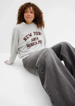 bonprix Nachhaltigere Materialien|Sweat|Oversize-Sweatshirt hellgrau meliert/weinrot bedruckt
