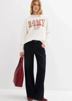 bonprix Bekleidung·Blusen & Tuniken|Nachhaltigere Materialien|Oversize-Sweatshirt aus reiner Bio-Baumwolle wollweiß leo