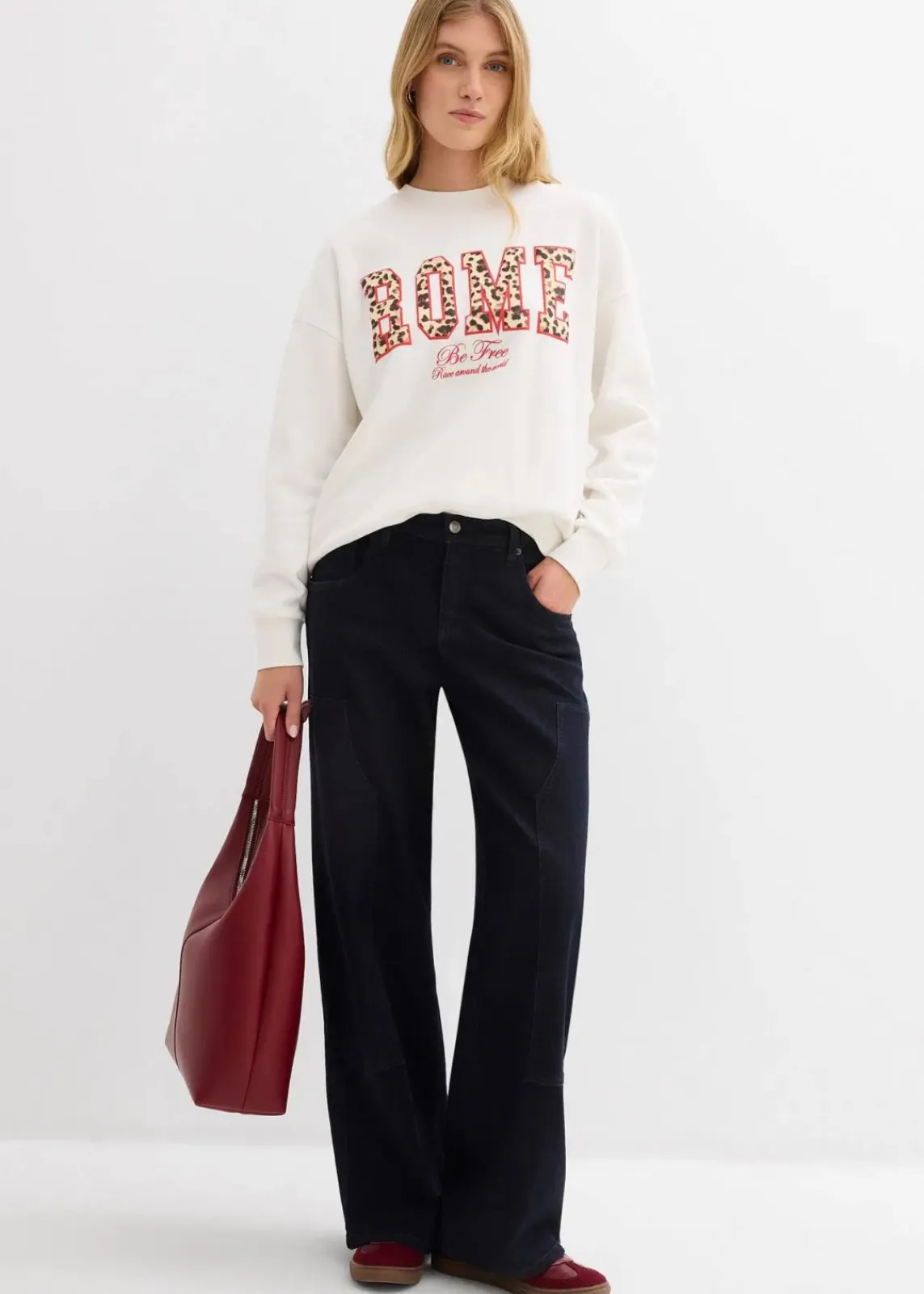 bonprix Bekleidung·Blusen & Tuniken|Nachhaltigere Materialien|Oversize-Sweatshirt aus reiner Bio-Baumwolle wollweiß leo