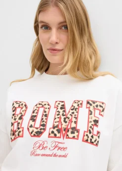 bonprix Bekleidung·Blusen & Tuniken|Nachhaltigere Materialien|Oversize-Sweatshirt aus reiner Bio-Baumwolle wollweiß leo