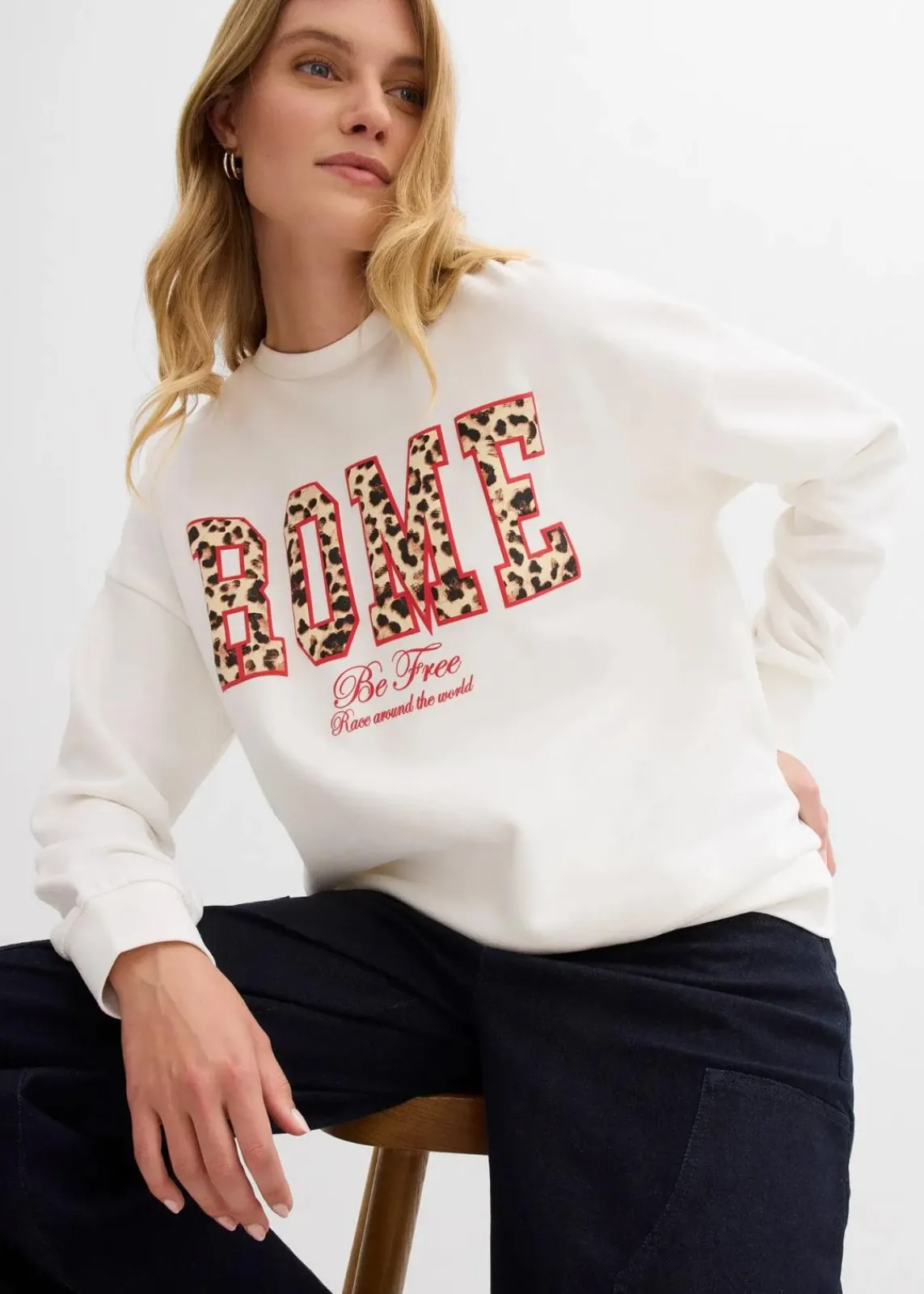 bonprix Bekleidung·Blusen & Tuniken|Nachhaltigere Materialien|Oversize-Sweatshirt aus reiner Bio-Baumwolle wollweiß leo