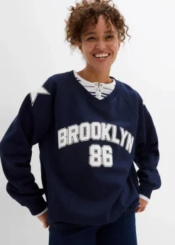 bonprix Bekleidung·Blusen & Tuniken|Sweat|Oversize-Sweatshirt aus weichem Baumwoll-Mix dunkelblau/weiß bedruckt