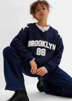 bonprix Bekleidung·Blusen & Tuniken|Sweat|Oversize-Sweatshirt aus weichem Baumwoll-Mix dunkelblau/weiß bedruckt