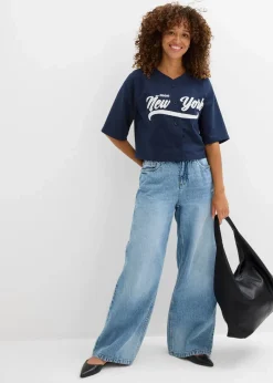 bonprix Nachhaltigere Materialien|Sweat|Oversize-Sweatshirt aus weichem Baumwoll-Mix dunkelblau/weiß