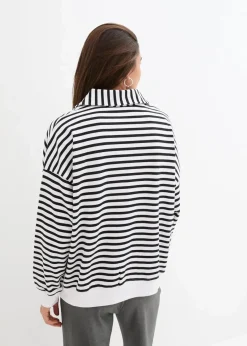 bonprix Bekleidung·Blusen & Tuniken|Nachhaltigere Materialien|Oversize-Sweatshirt mit V-Ausschnitt und Polokragen weiß/schwarz gestreift