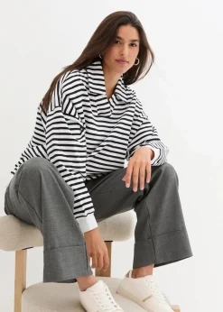 bonprix Bekleidung·Blusen & Tuniken|Nachhaltigere Materialien|Oversize-Sweatshirt mit V-Ausschnitt und Polokragen weiß/schwarz gestreift