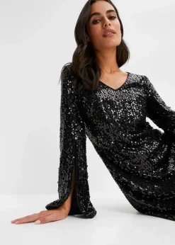 bonprix Bekleidung·Pullover & Strickjacken|Kurzgrößen|Paillettenkleid mit Trompeten-Ärmel schwarz
