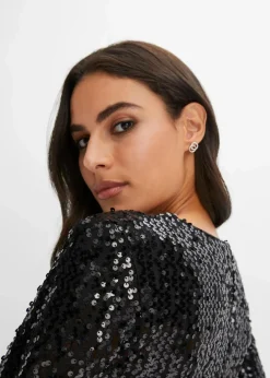 bonprix Bekleidung·Pullover & Strickjacken|Kurzgrößen|Paillettenkleid mit Trompeten-Ärmel schwarz