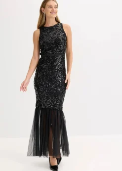 bonprix Bekleidung·Pullover & Strickjacken|Festliche Mode|Paillettenkleid mit Volant schwarz/beige