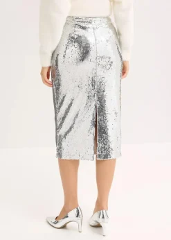 bonprix Bekleidung·Sportbekleidung|Röcke|Pailletten-Midirock silber