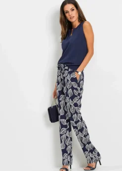 bonprix Hosen|Nachhaltigere Materialien|Palazzo-Hose dunkelblau/weiß bedruckt