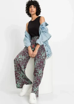 bonprix Bekleidung·Kleider|Hosen|Palazzo-Hose aus fließender Viskose beere/salbeigrün geblümt