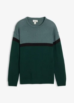 bonprix Pullover & Strickjacken|Große Größen|pflegeleichter Rundhalspullover im Colourblocking-Design graugrün/schwarz/tiefgrün gestreift