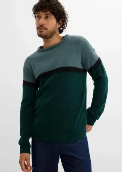 bonprix Pullover & Strickjacken|Große Größen|pflegeleichter Rundhalspullover im Colourblocking-Design graugrün/schwarz/tiefgrün gestreift