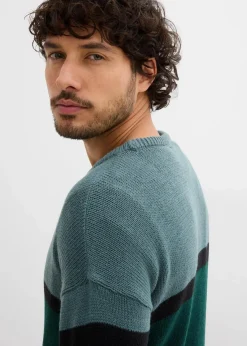bonprix Pullover & Strickjacken|Große Größen|pflegeleichter Rundhalspullover im Colourblocking-Design graugrün/schwarz/tiefgrün gestreift