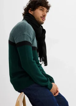 bonprix Pullover & Strickjacken|Große Größen|pflegeleichter Rundhalspullover im Colourblocking-Design graugrün/schwarz/tiefgrün gestreift