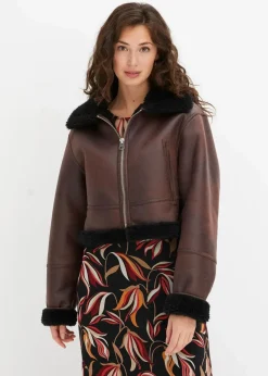 bonprix Jacken & Mäntel|Pilotenjacke aus Lammfellimitat terrabraun