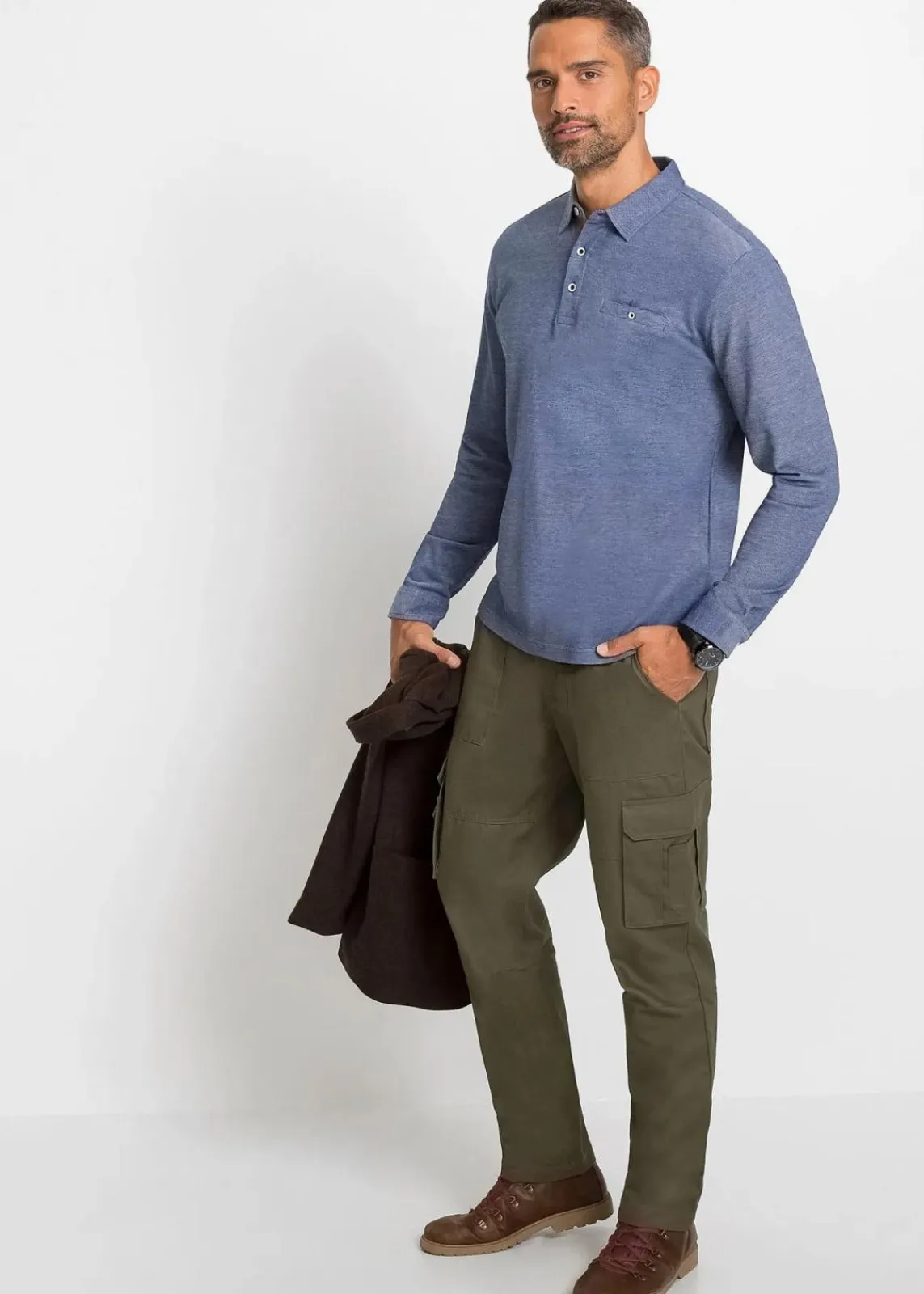 bonprix Große Größen|Shirts & Polos|Piqué-Poloshirt, Langarm blau meliert