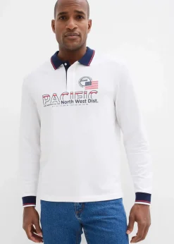 bonprix Shirts & Polos|Piqué-Poloshirt, Langarm aus reiner Bio-Baumwolle weiß bedruckt