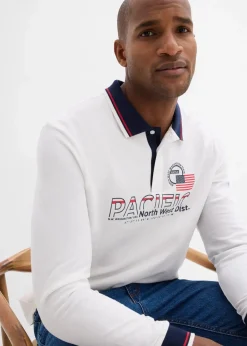 bonprix Shirts & Polos|Piqué-Poloshirt, Langarm aus reiner Bio-Baumwolle weiß bedruckt