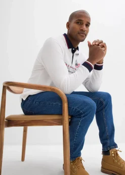 bonprix Shirts & Polos|Piqué-Poloshirt, Langarm aus reiner Bio-Baumwolle weiß bedruckt