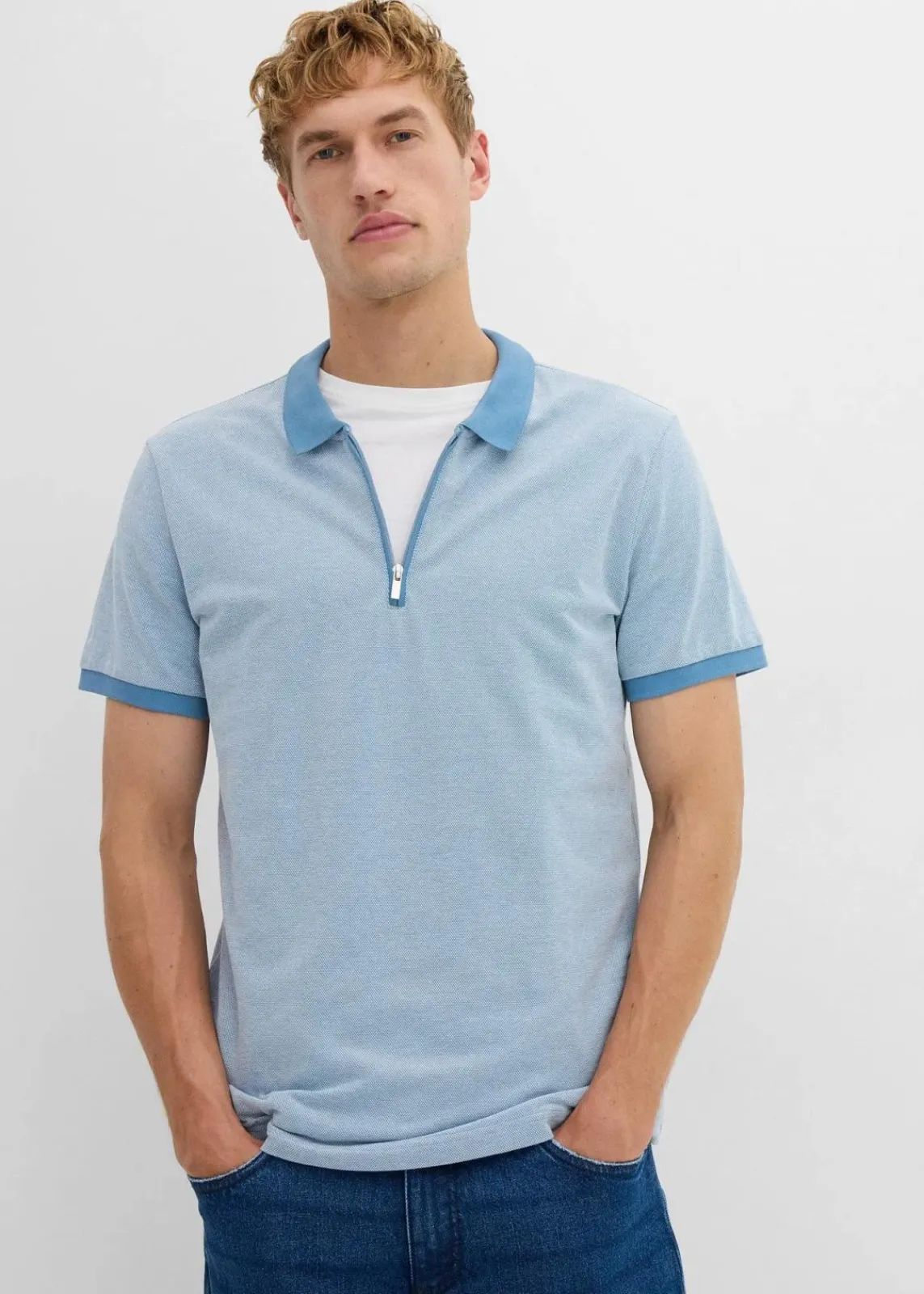 bonprix Große Größen|Shirts & Polos|Piqué-Poloshirt mit Reißverschluss wellenblau meliert