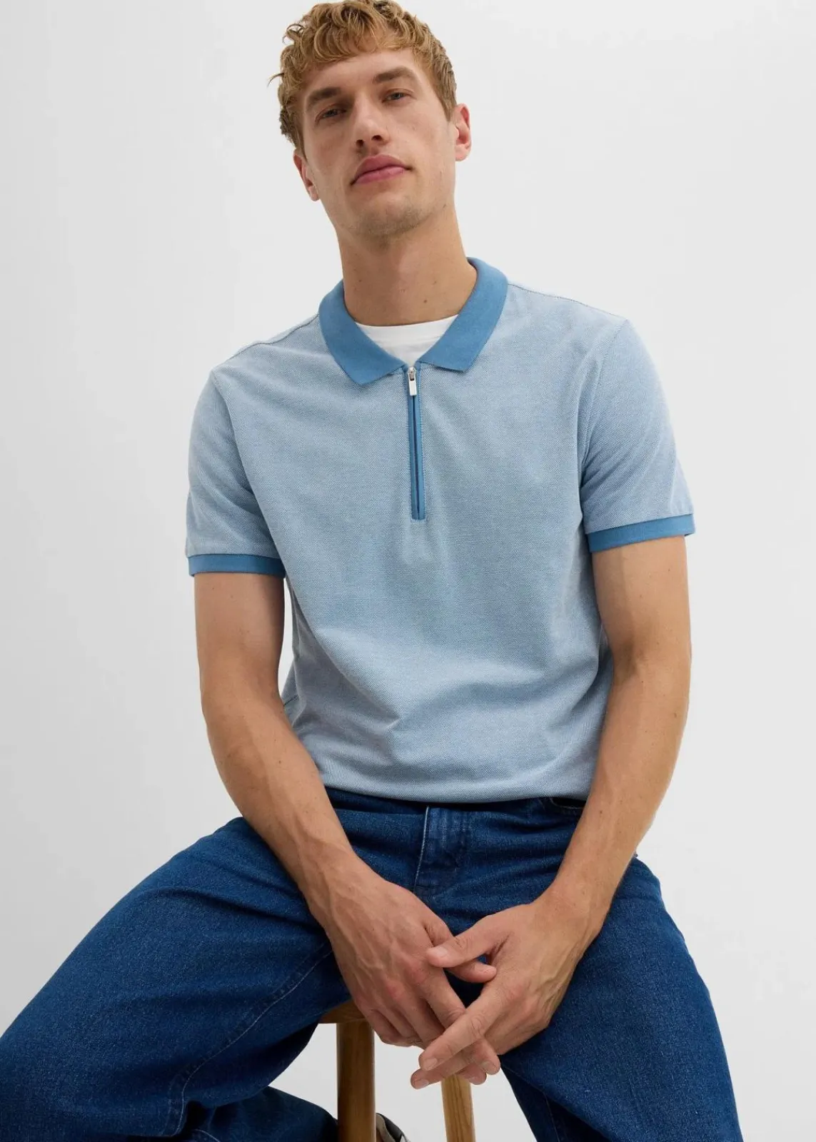 bonprix Große Größen|Shirts & Polos|Piqué-Poloshirt mit Reißverschluss wellenblau meliert