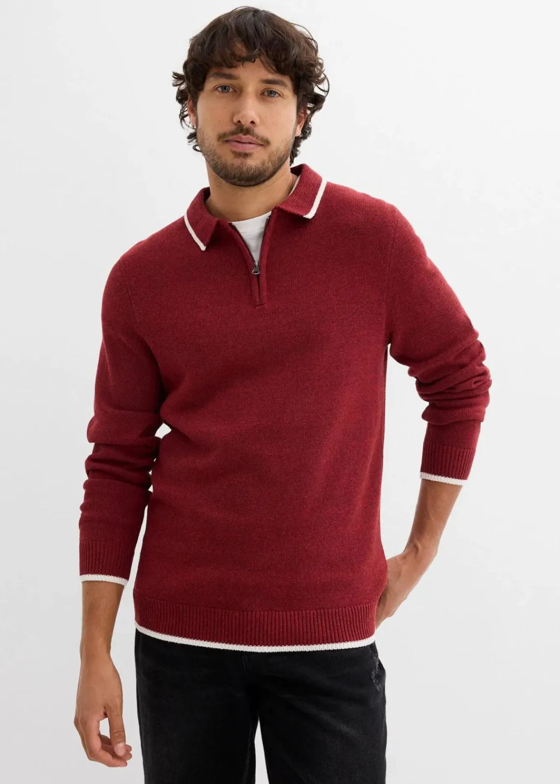 bonprix Pullover & Strickjacken|Große Größen|Polo Pullover mit recycelter Baumwolle dunkelrot meliert