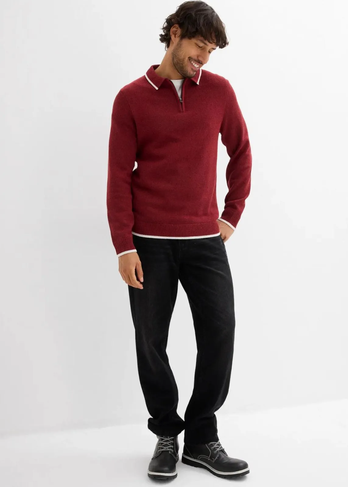 bonprix Pullover & Strickjacken|Große Größen|Polo Pullover mit recycelter Baumwolle dunkelrot meliert