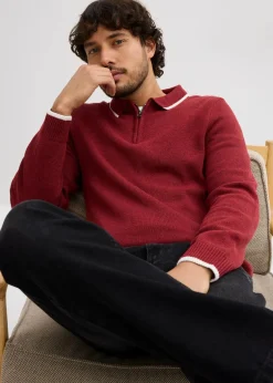bonprix Pullover & Strickjacken|Große Größen|Polo Pullover mit recycelter Baumwolle dunkelrot meliert