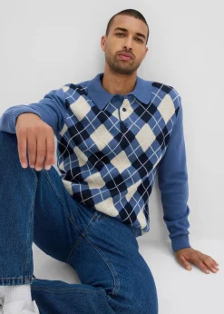 Polo-Pullover mit Argyle-Muster aus reiner Baumwolle|bonprix Online