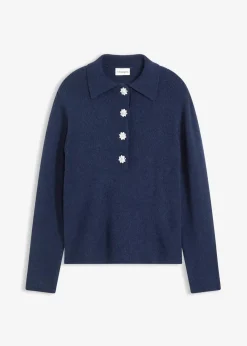 bonprix Pullover & Strickjacken|Strickmode|Polo-Pullover mit Wollanteil dunkelblau